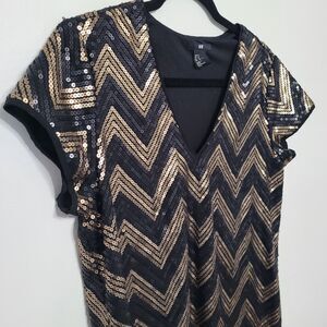 H&M Black Gold Chevron Sequin Sheath Dress Medium Cocktail Part